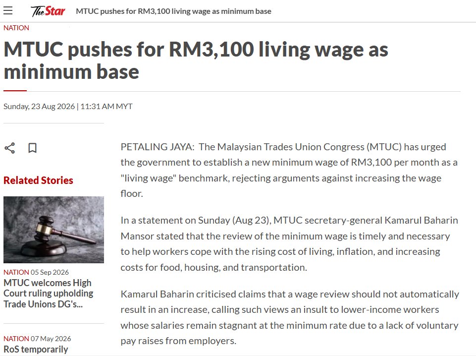 mtuc RM 3100 living wage
